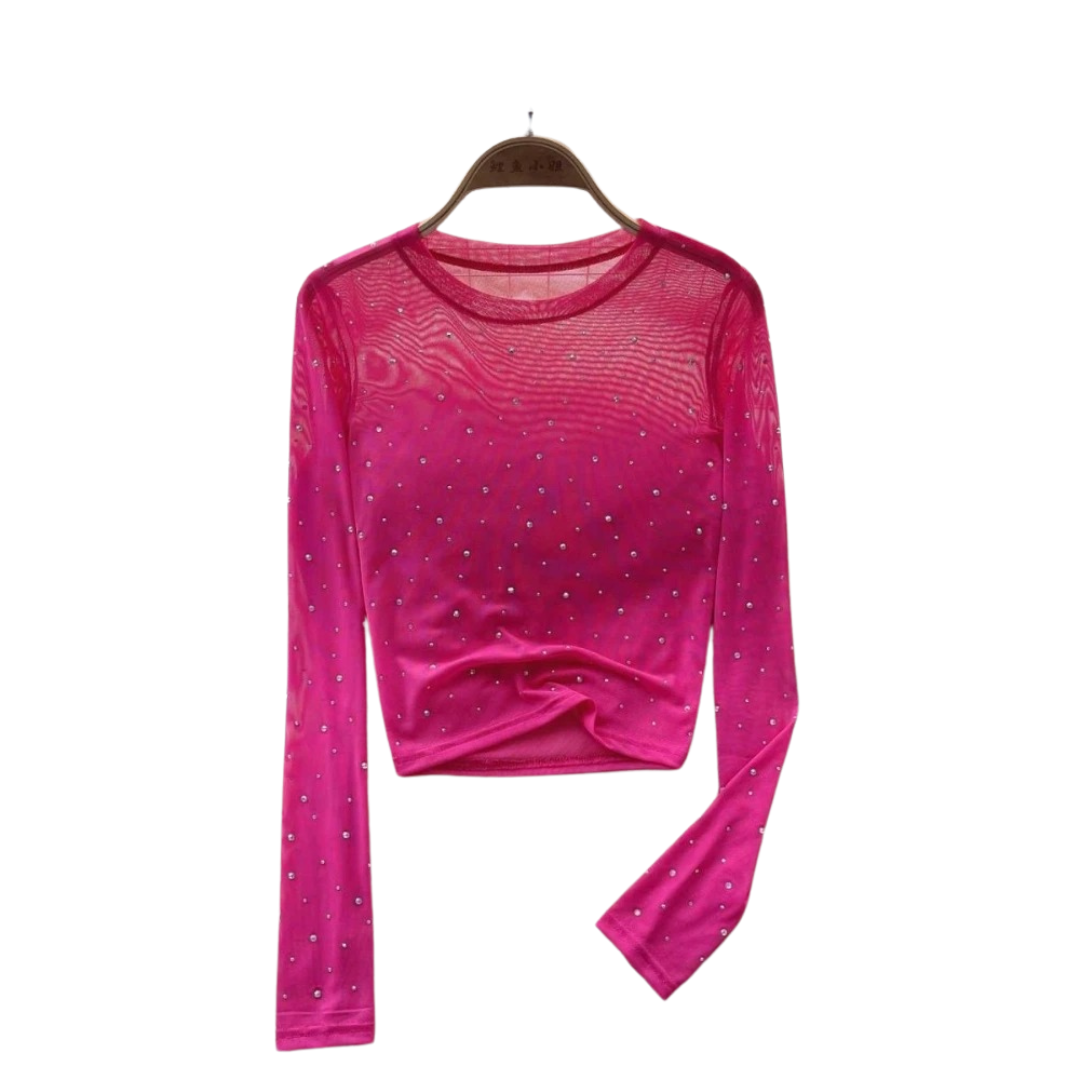 Rhinestone Mesh Långärmad Crop Top för kvinnor