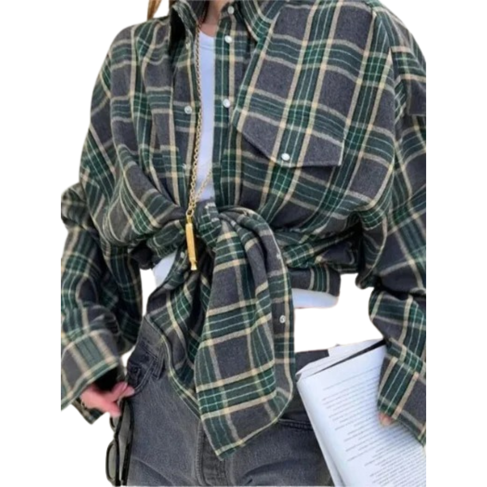 Oversized långärmad rutig skjorta för kvinnor