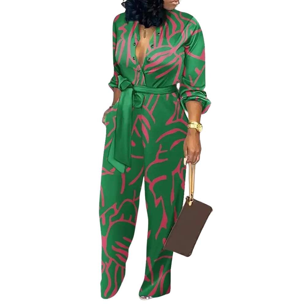 Jumpsuit med hög midja och V-hals med modetryck