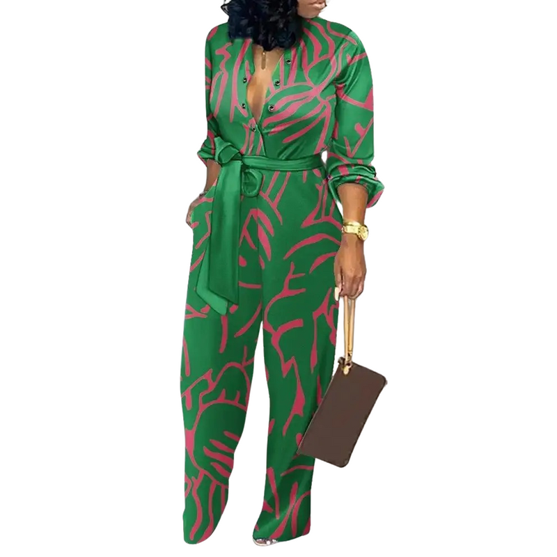Jumpsuit med hög midja och V-hals med modetryck