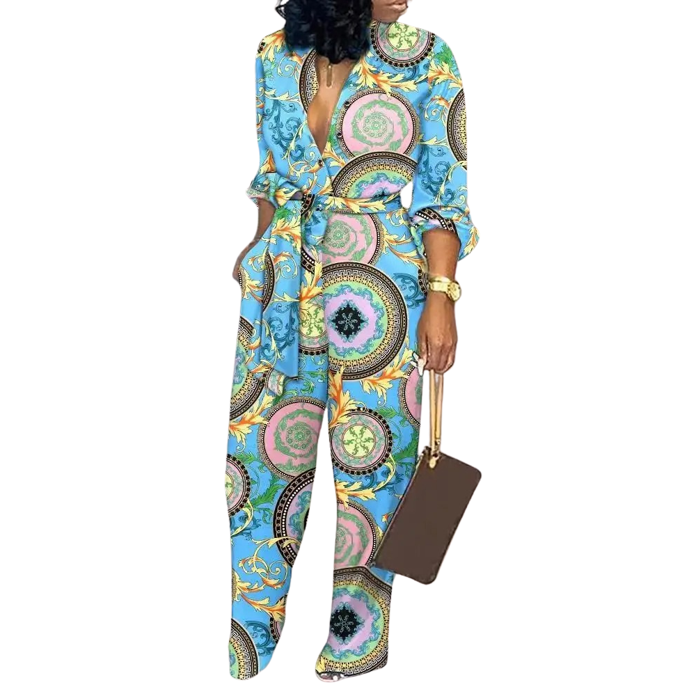 Jumpsuit med hög midja och V-hals med modetryck