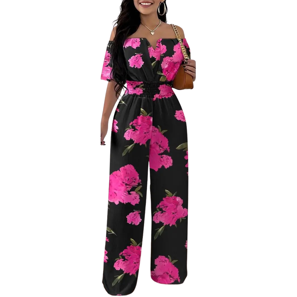 Mode Tryck Off-shoulder Smockad midja Jumpsuit