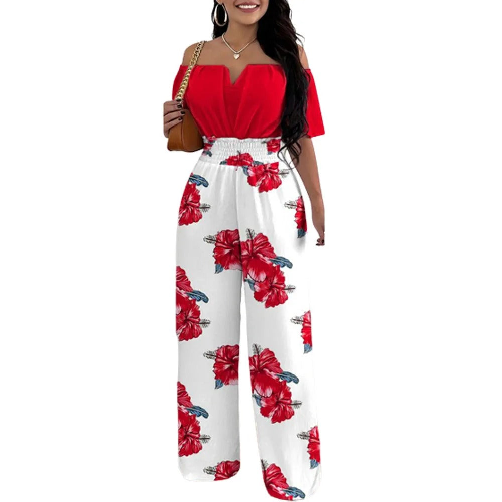 Mode Tryck Off-shoulder Smockad midja Jumpsuit
