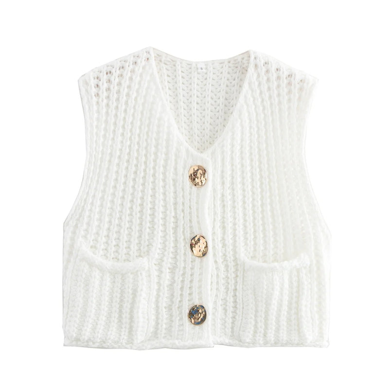 Stickad cardigan för damer med metallknappar