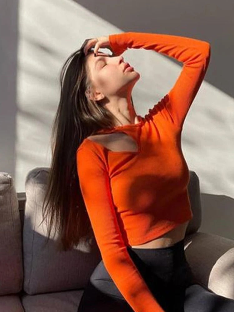 Ribbstickad långärmad Crop Top för kvinnor