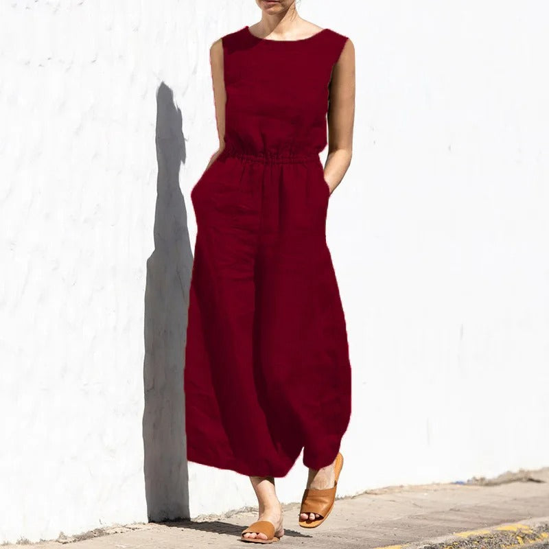Jumpsuit med hög midja i bomull och linne för kvinnor