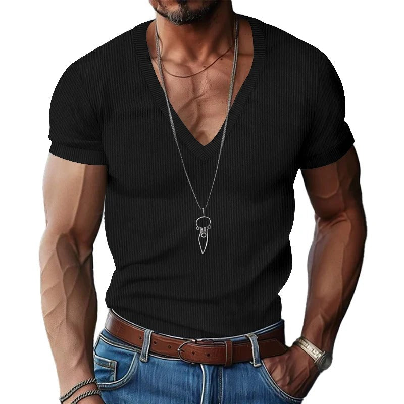Herr T-shirt i corduroy med V-ringning