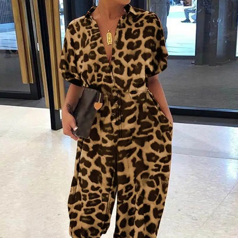 Leopardmönstrade V-ringade Rompers med knutar för kvinnor