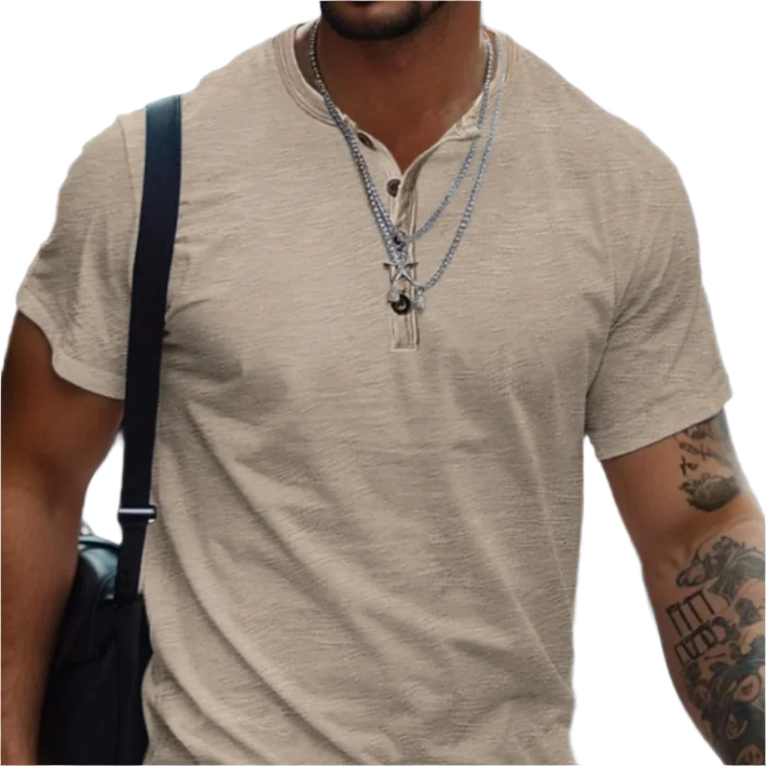 Herr-T-shirt utan krage i enfärgat