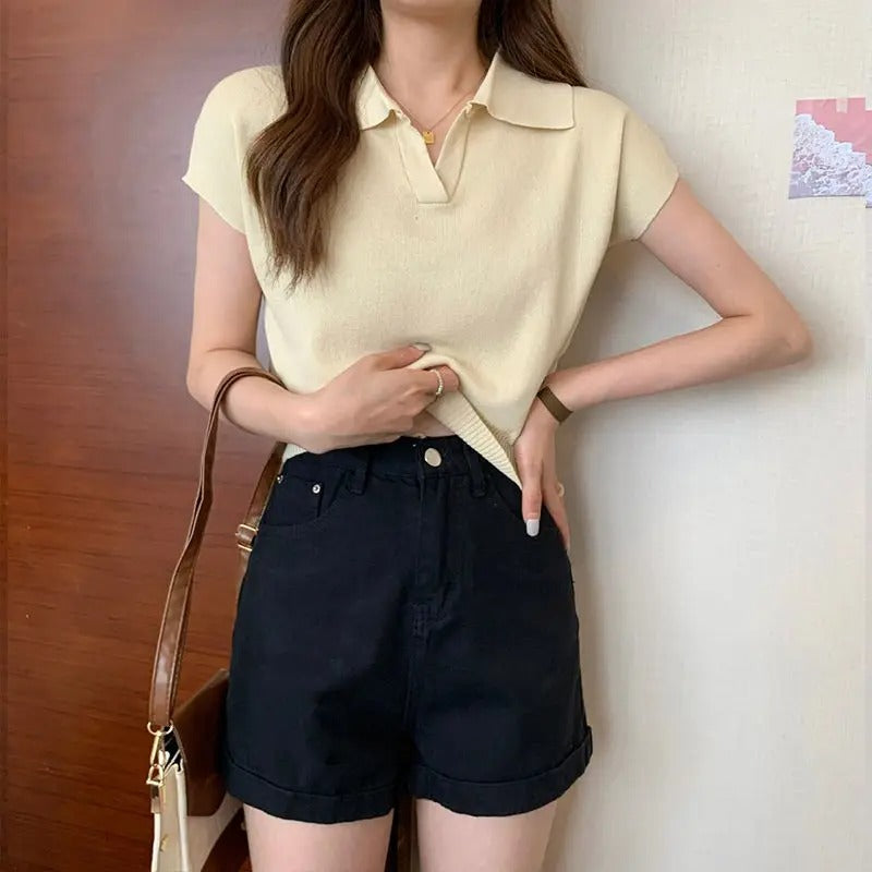 Kortärmad stickad polotröja för kvinnor