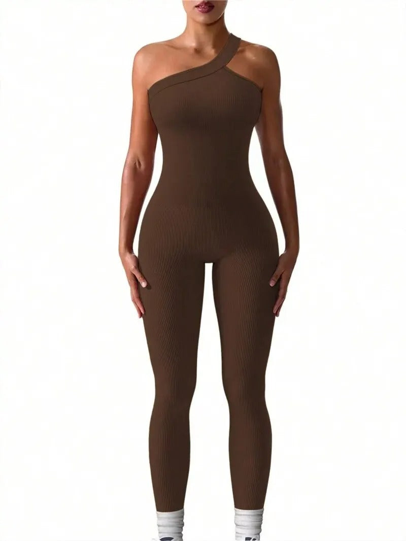 Yoga Jumpsuit Sport Set med en axel för kvinnor