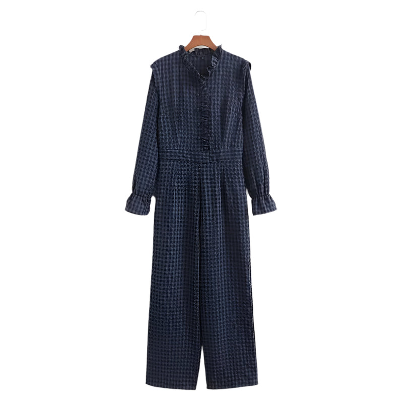 Bubbelärmad rutig jumpsuit för kvinnor