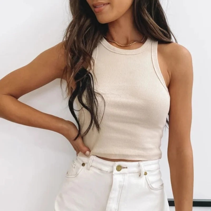 Ribbad Off-Shoulder Crop Tank Top för kvinnor