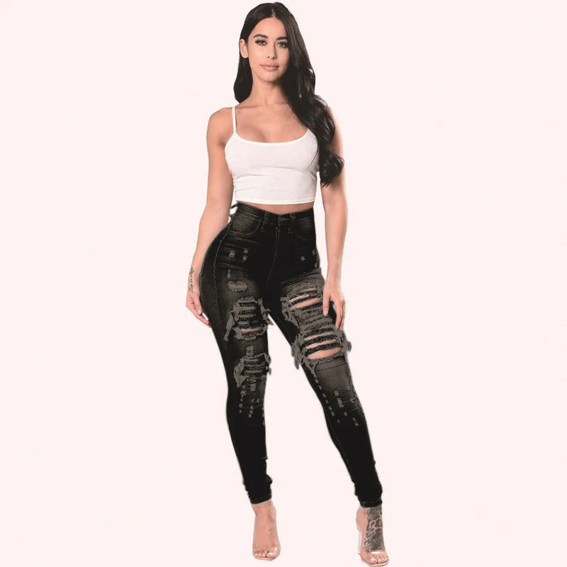 Rippade jeans med hög midja för kvinnor