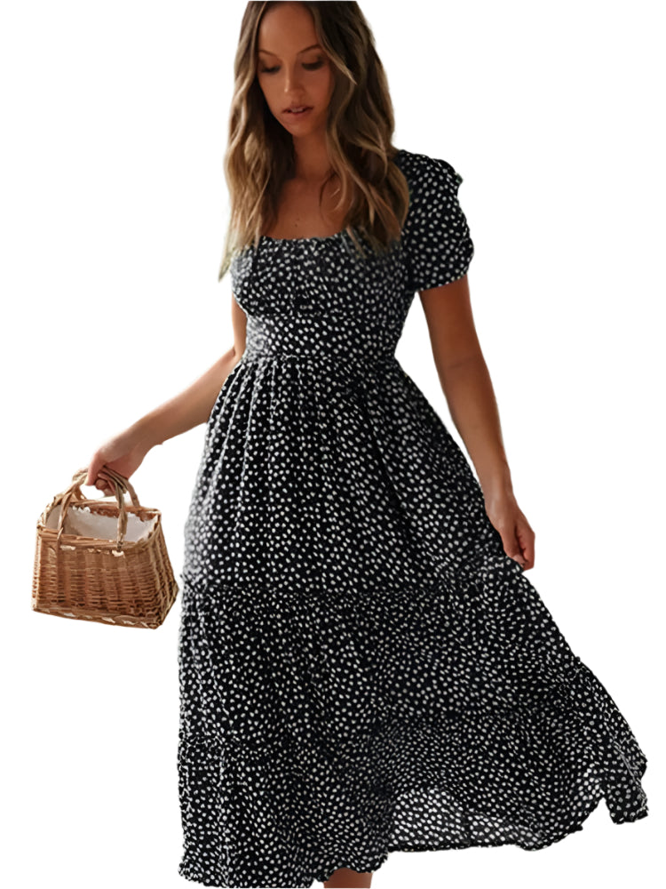 Damblommiga puffärmar fyrkantiga maxiklänningar