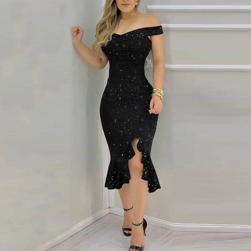 Dam off-shoulder klänning med volang chiffong med paljetter