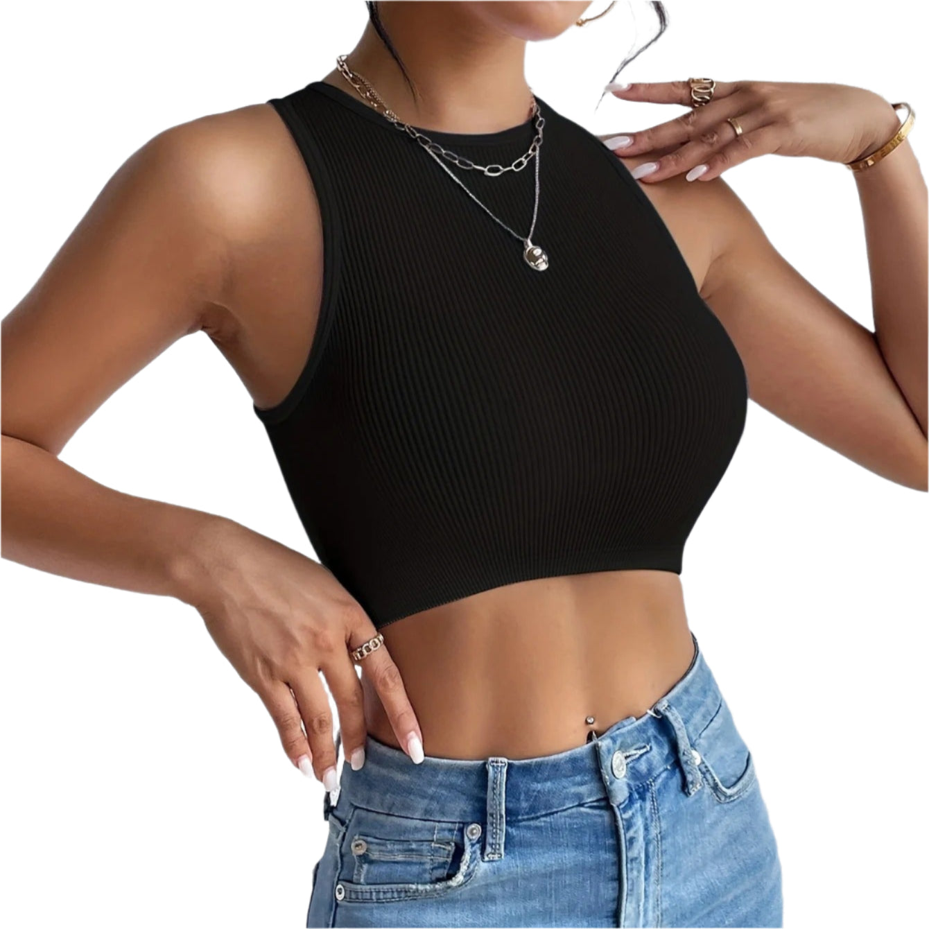 Ribbstickad ärmlös elastisk Crop Top för kvinnor