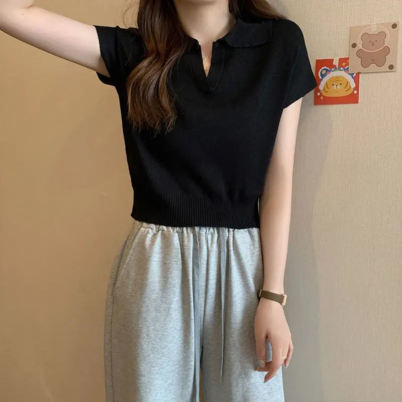 Kortärmad stickad polotröja för kvinnor