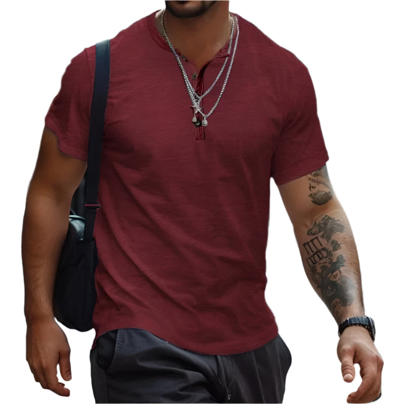 Herr-T-shirt utan krage i enfärgat