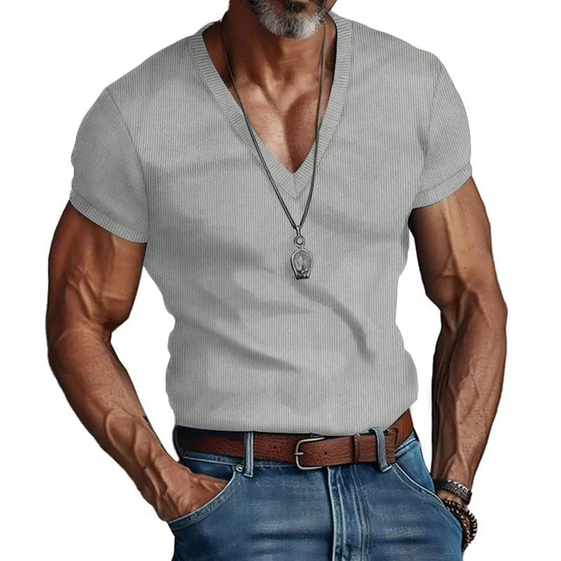 Herr T-shirt i corduroy med V-ringning