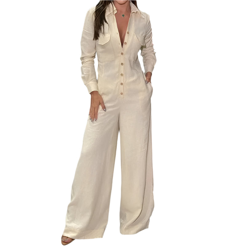 Långärmad jumpsuit med nedfällbar krage