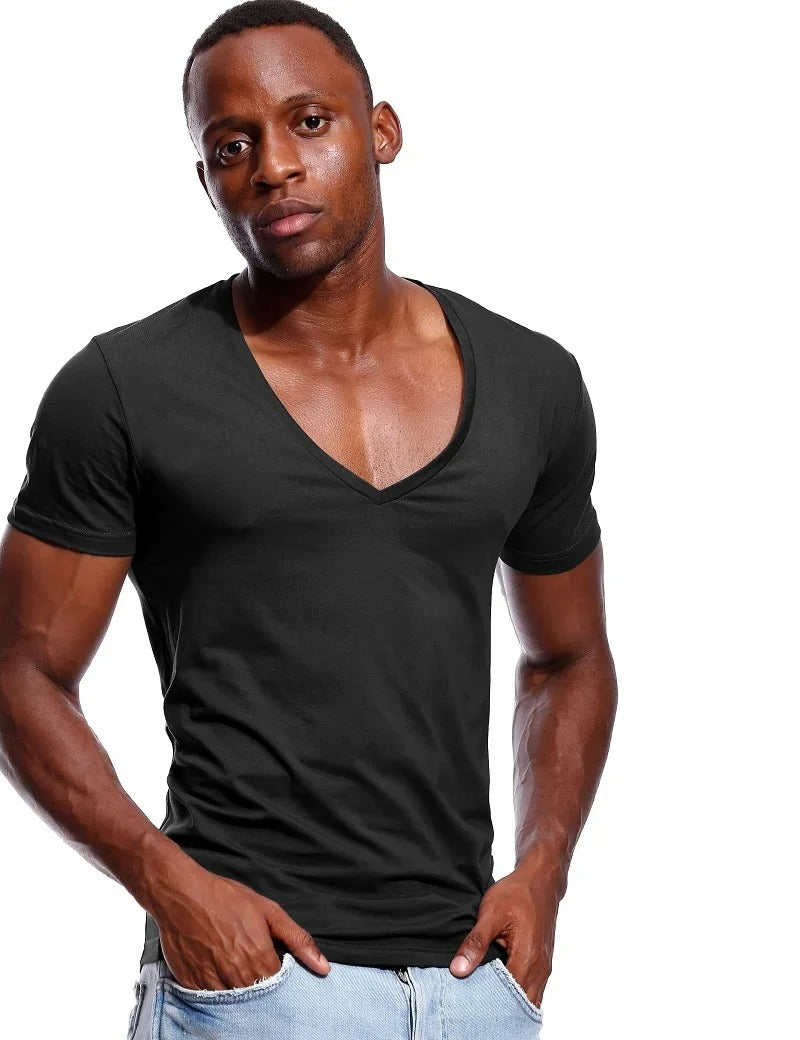 Herr-T-shirt med djup V-ringning