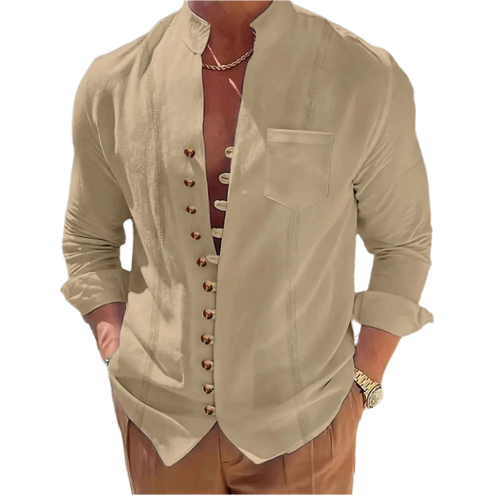 Herrskjorta i bomull och linne med ståkrage