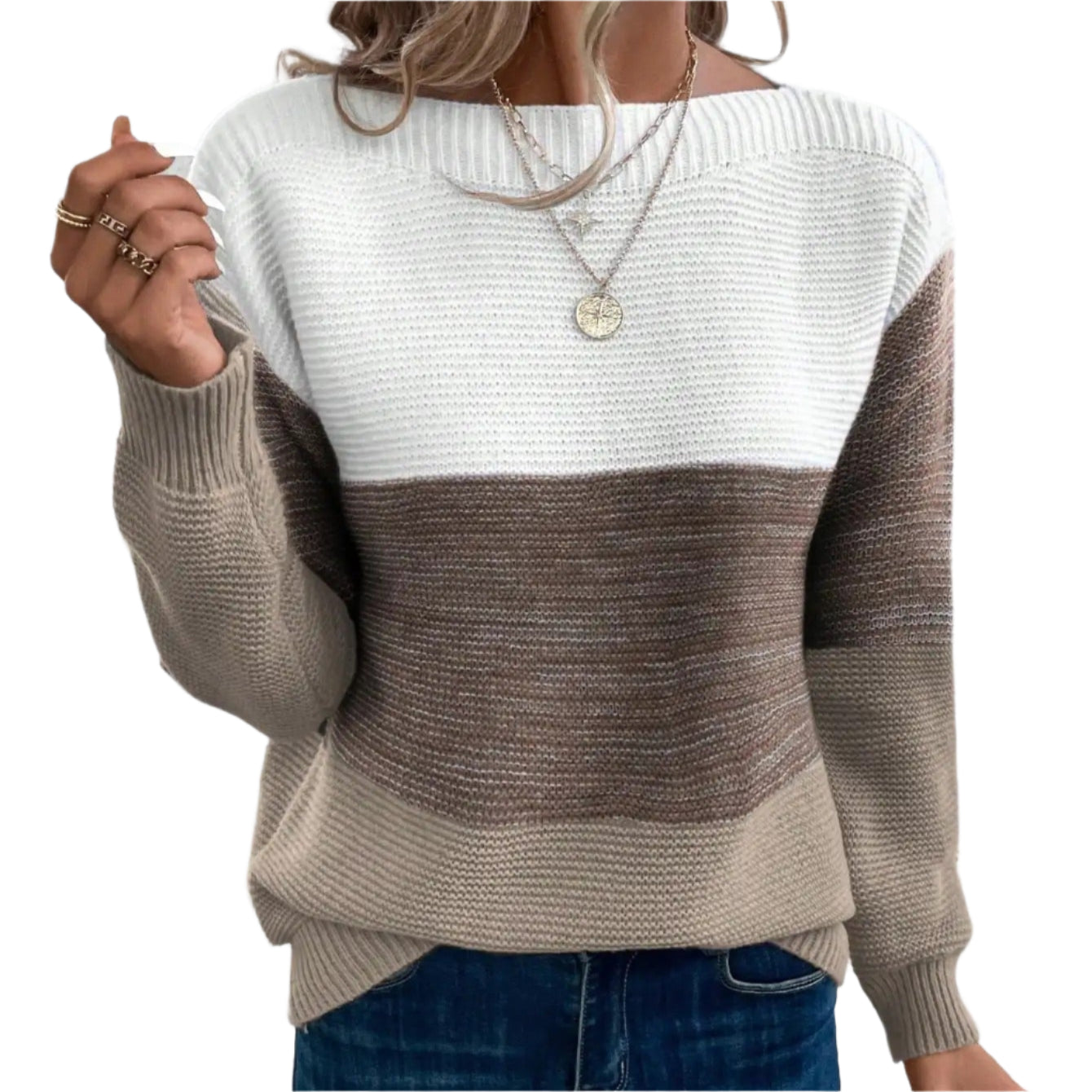 Trefärgad patchwork-tröja för kvinnor