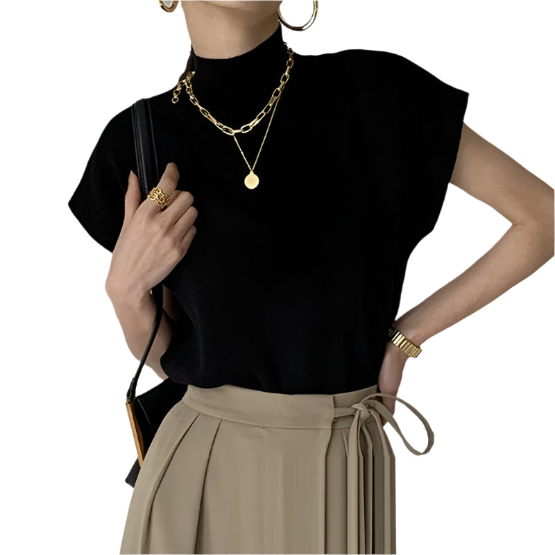 Kortärmad stickad topp med sköldpaddshals för kvinnor