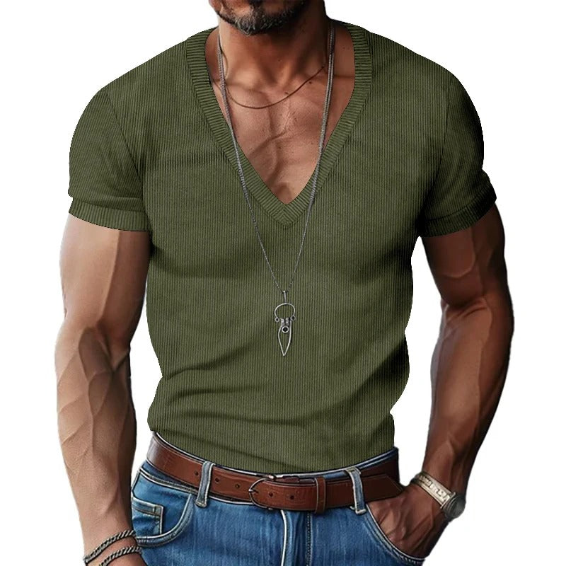 Herr T-shirt i corduroy med V-ringning