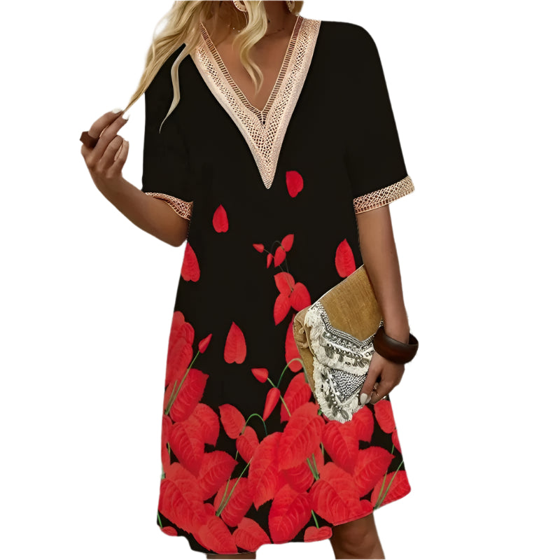 V-ringad tryckt sommarklänning för kvinnor