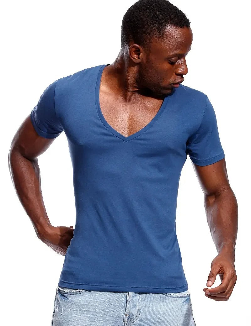 Herr-T-shirt med djup V-ringning