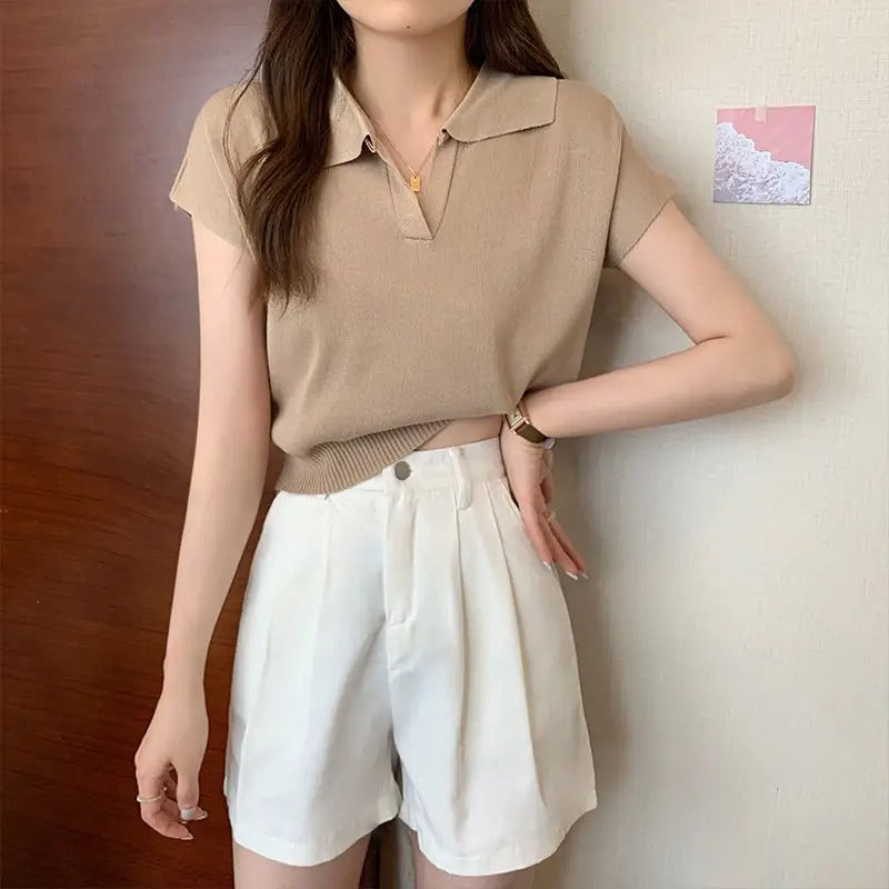Kortärmad stickad polotröja för kvinnor