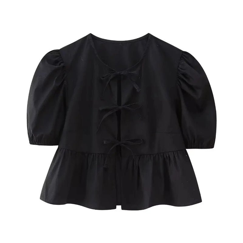 Cropblus med puffärm och snörning för kvinnor