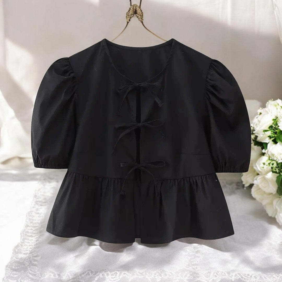 Cropblus med puffärm och snörning för kvinnor