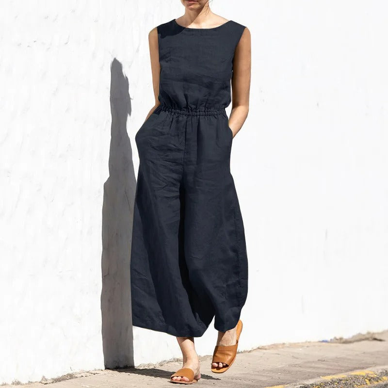 Jumpsuit med hög midja i bomull och linne för kvinnor