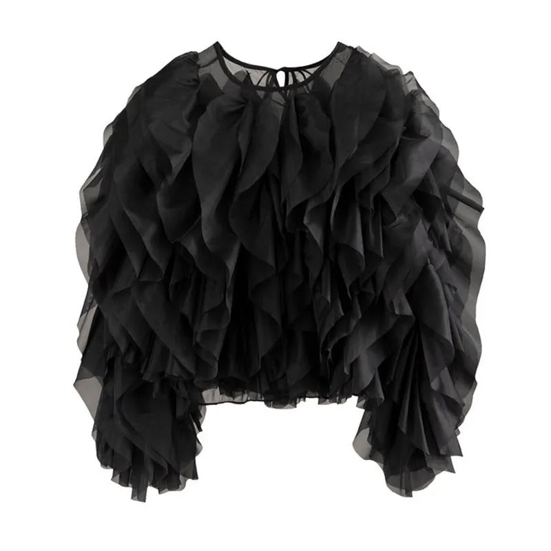 O-Neck Ruffle Shirt för kvinnor