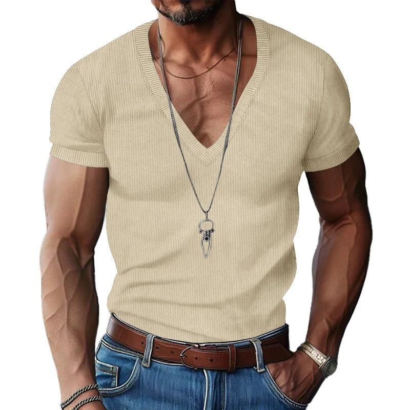 Herr T-shirt i corduroy med V-ringning
