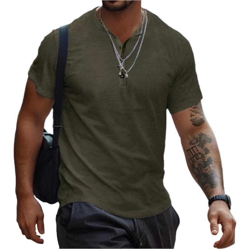 Herr-T-shirt utan krage i enfärgat