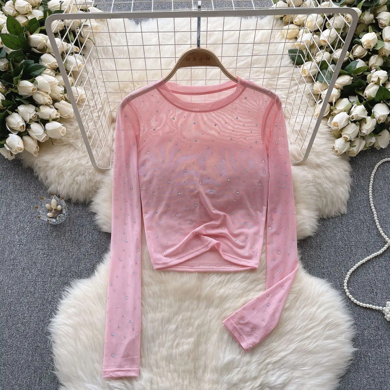 Rhinestone Mesh Långärmad Crop Top för kvinnor