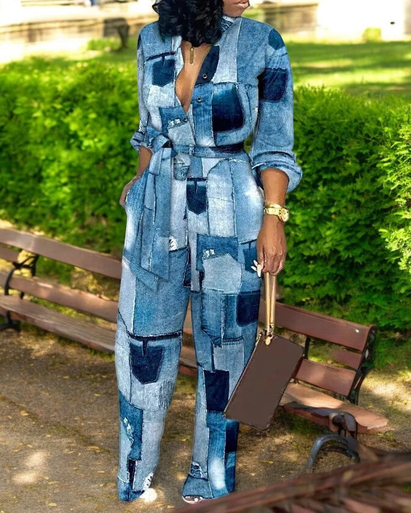 Jumpsuit med hög midja och V-hals med modetryck