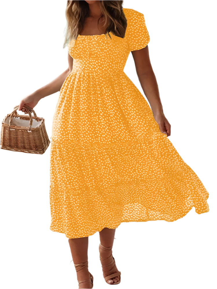 Damblommiga puffärmar fyrkantiga maxiklänningar