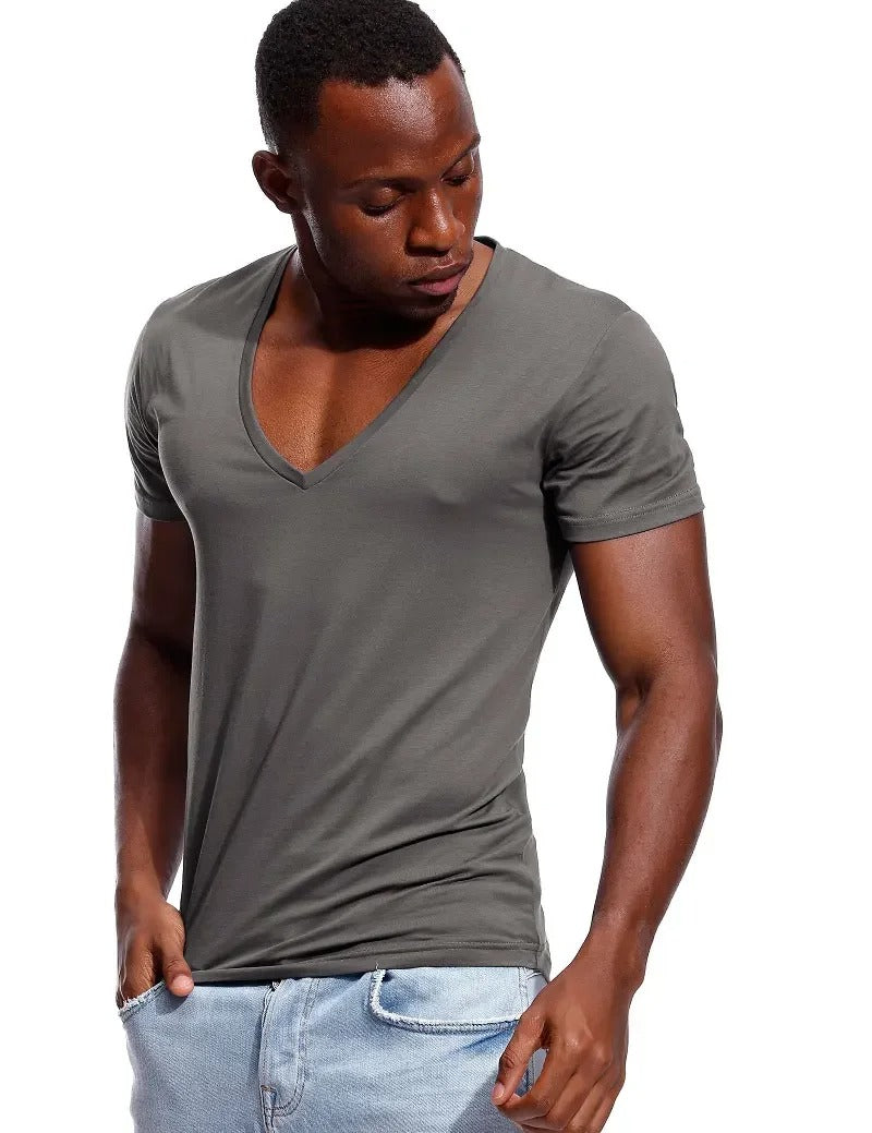 Herr-T-shirt med djup V-ringning