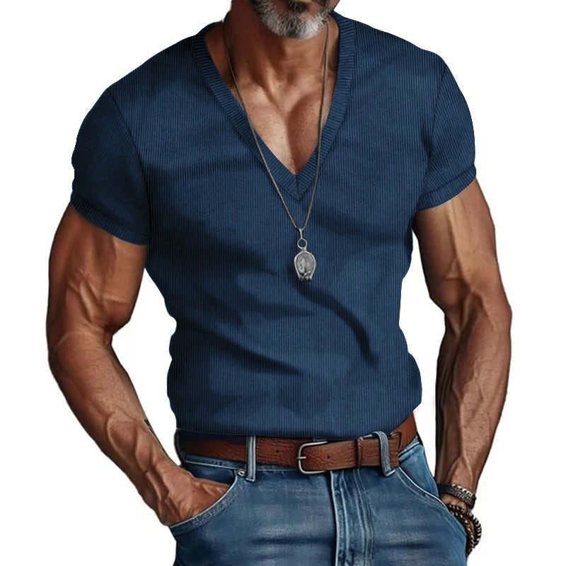 Herr T-shirt i corduroy med V-ringning