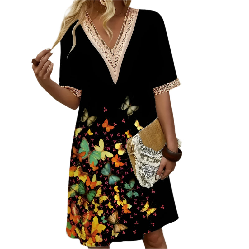 V-ringad tryckt sommarklänning för kvinnor