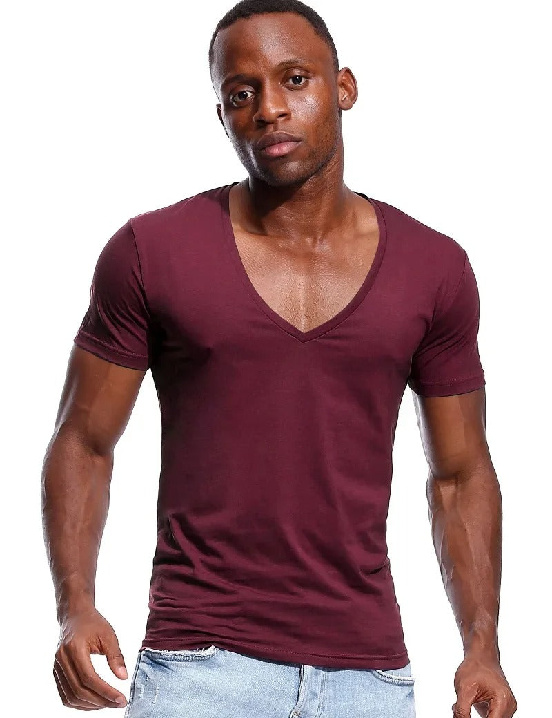 Herr-T-shirt med djup V-ringning