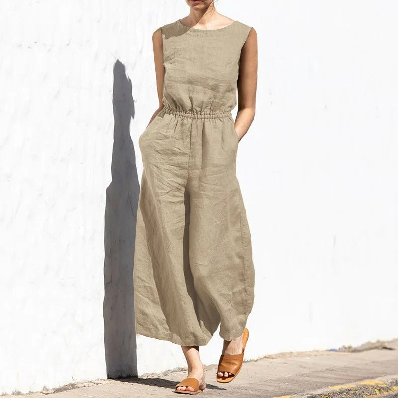 Jumpsuit med hög midja i bomull och linne för kvinnor