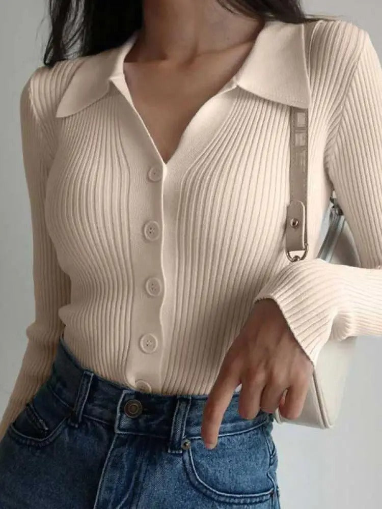 Stickad Slim Cardigan med V-ringad dam