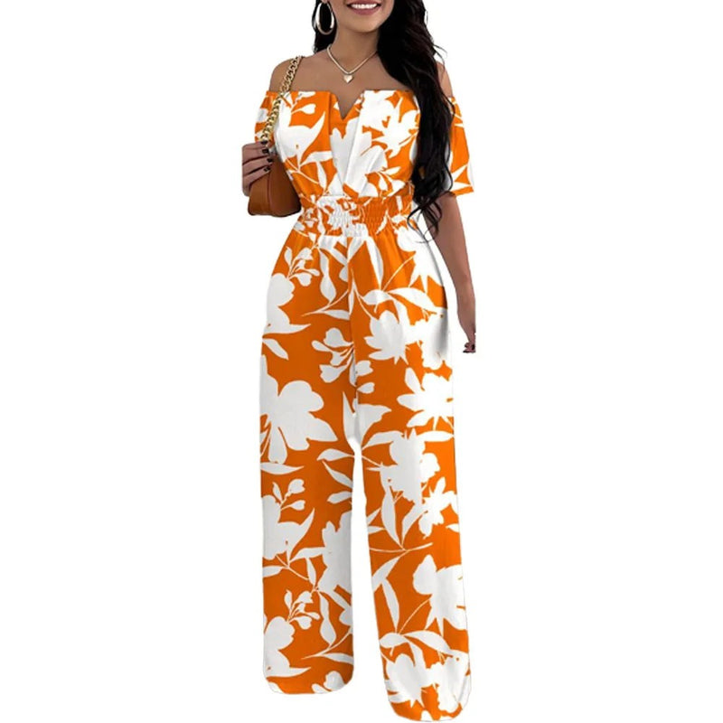 Mode Tryck Off-shoulder Smockad midja Jumpsuit