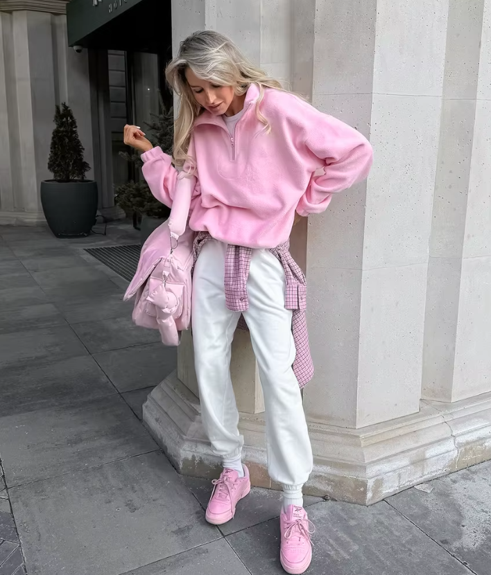 Polar Fleece Pink Pullover med dragkedja för kvinnor